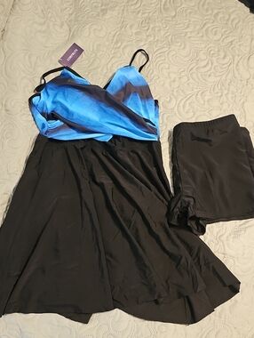 CORFRUTE Blue Ombre Plus Black Skirted Swimdress with Shorts